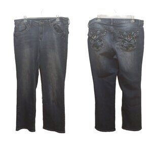 Earl Women's Jeans 38/30 Slim Boot Embroidered Rhinestones Cotton Blend Blue